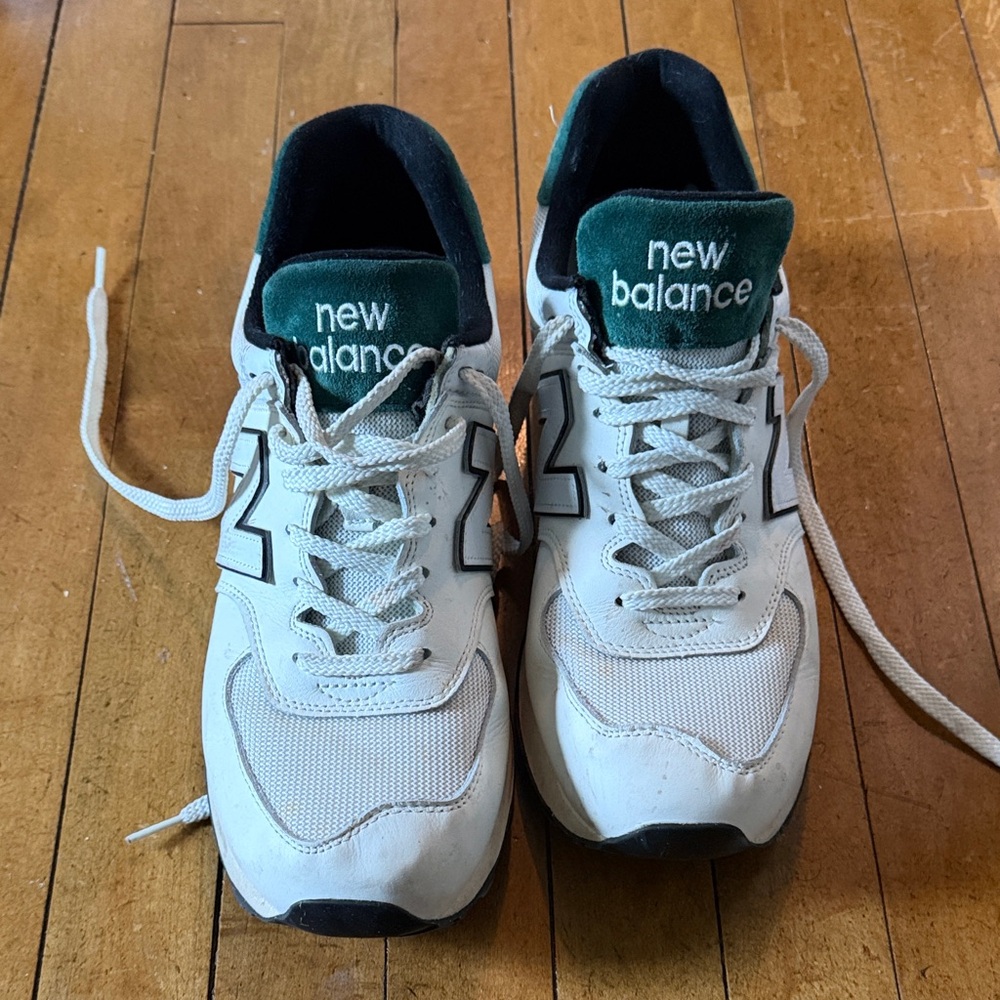 New Balance White Sneakers with Green Tongue and Black Details